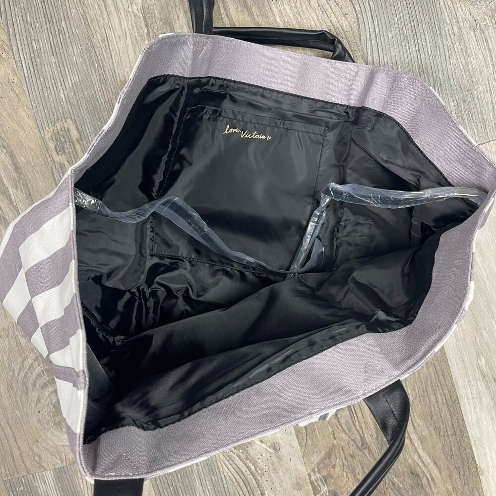 NEW Victoria's Secret Striped Tote Bag White Gray Black NWT Purse - Picture 3 of 6
